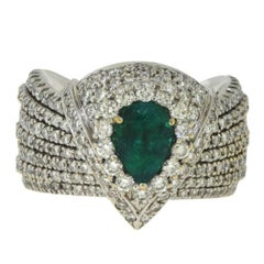 Wide Diamond and Emerald 18 Karat White Gold Ring