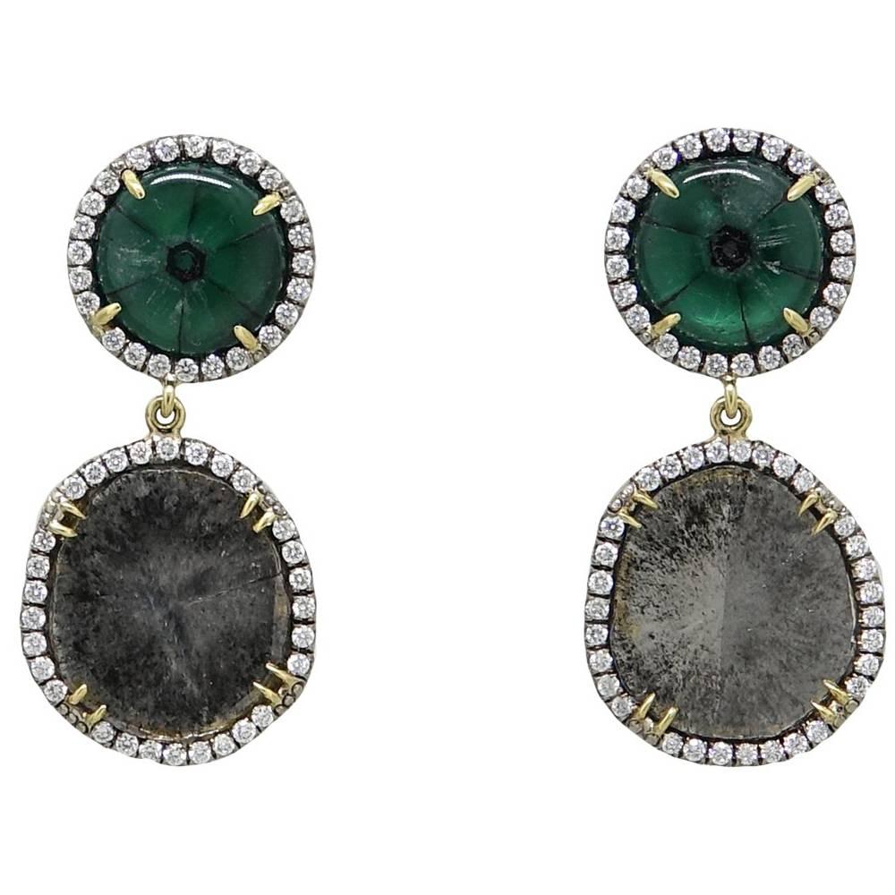 Pamela Huizenga Natural Trapiche Emerald and Diamond Slice Earrings For Sale