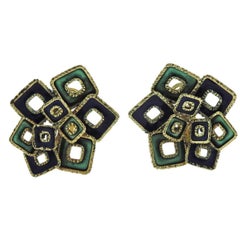 1970s Blue Green Enamel Gold Earrings