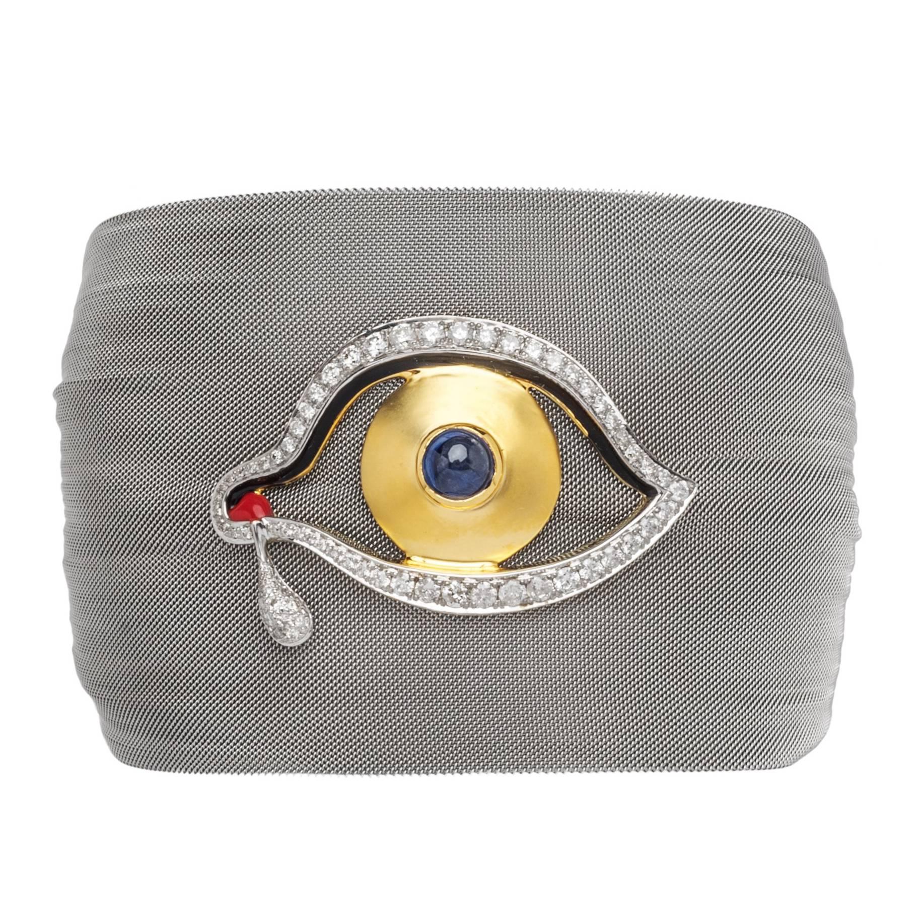 Clarissa Bronfman Silver Diamond and Sapphire 'Dali Eye Mesh' Bracelet 