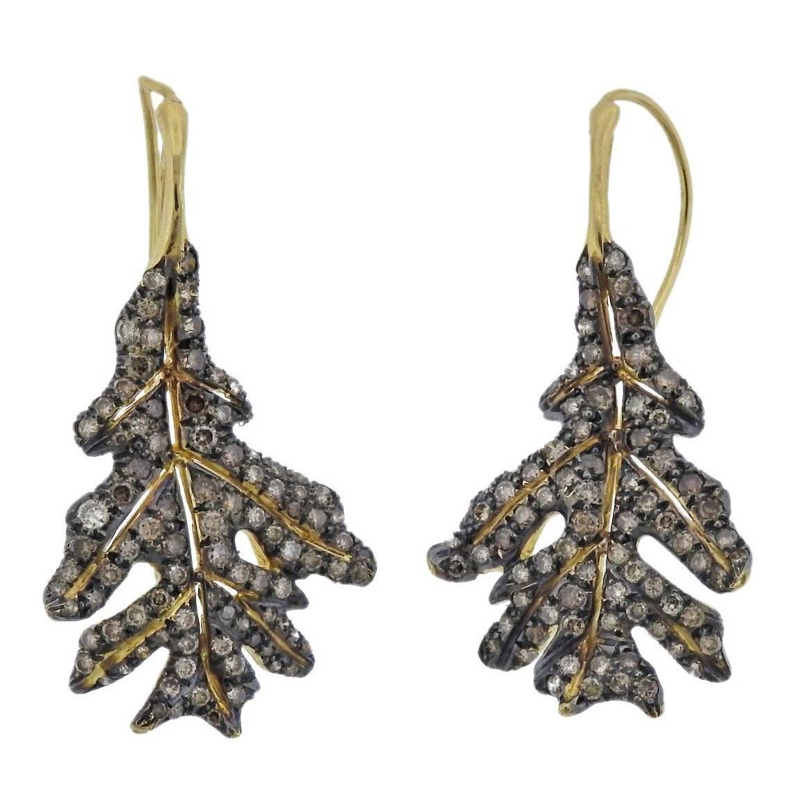 Adria de Haume Fancy Diamond Gold Leaf Earrings