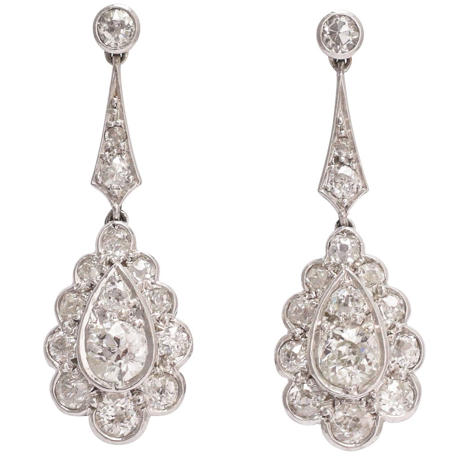 Edwardian 2 Carat Diamond Drop Platinum Earrings