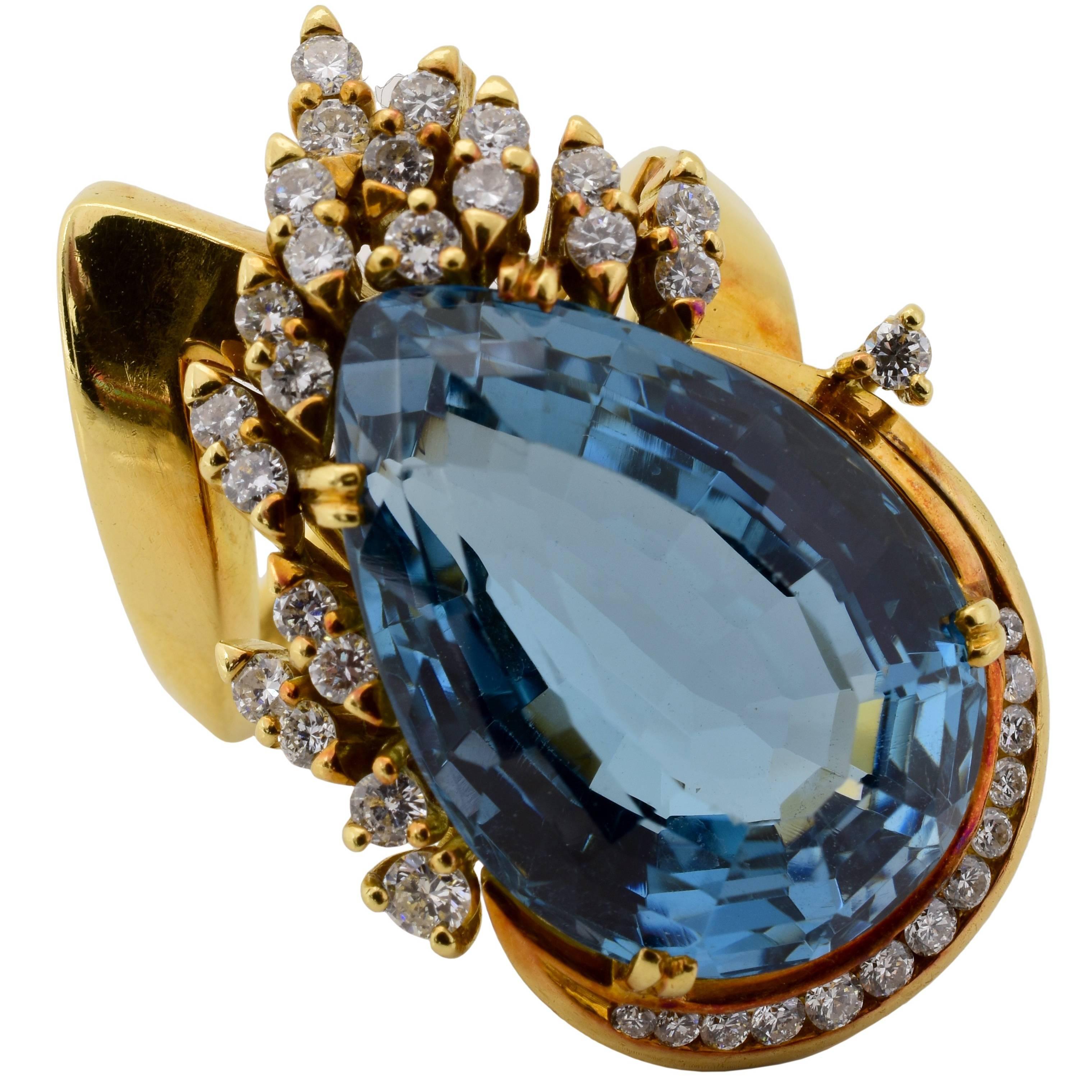 Retro Era Blue Topaz Diamond Gold Cocktail Ring For Sale