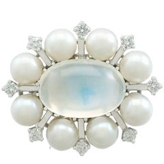 Vintage 1970s 4.13 Carat Moonstone and Diamond Cultured Pearl and White Gold Clasp