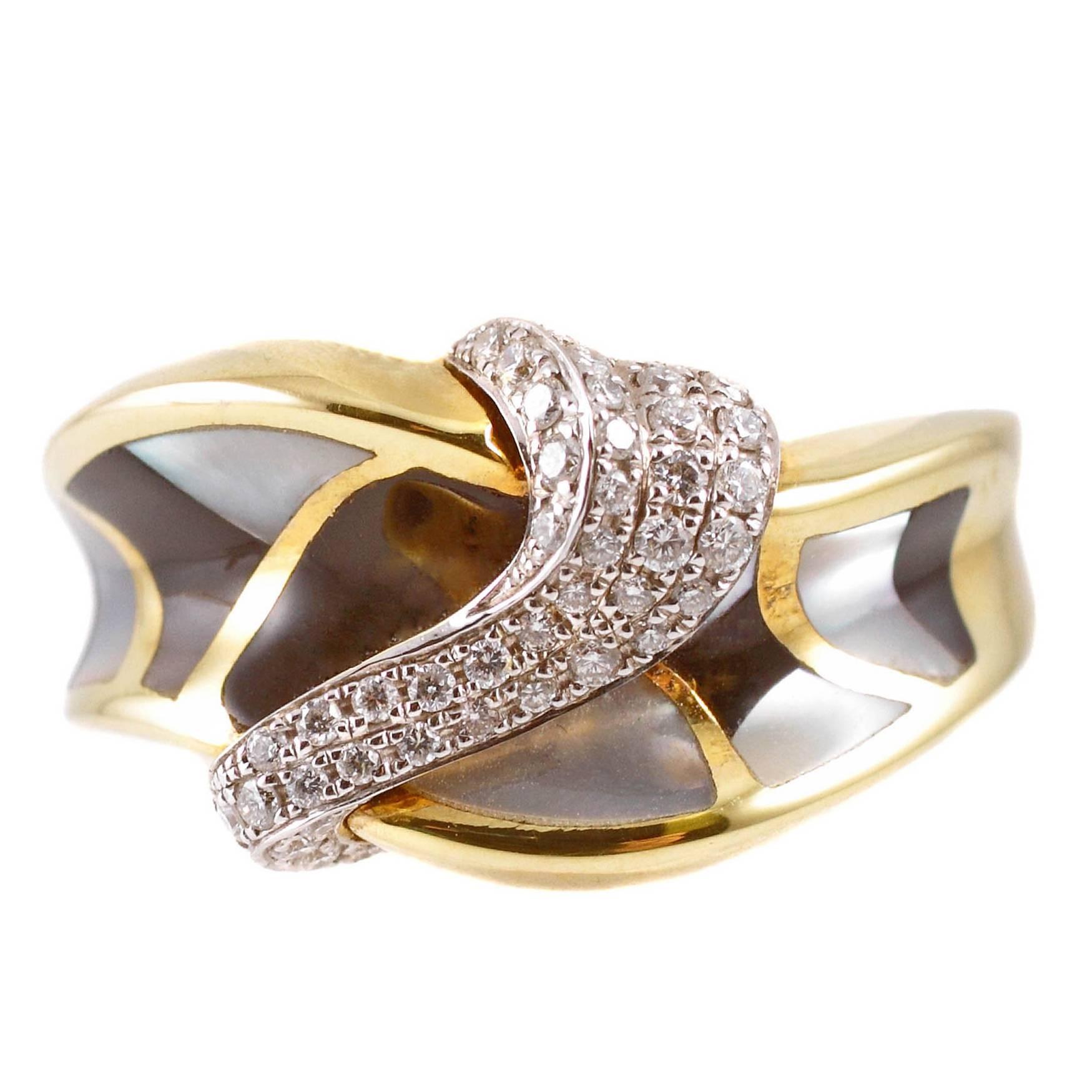 Asch Grossbardt Yellow Gold Diamond Mother-of-Pearl and Onyx Ring For Sale