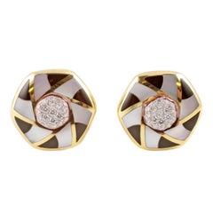 "Asch Grossbardt" Yellow Gold Diamond Mother of Pearl & Onyx Earrings  