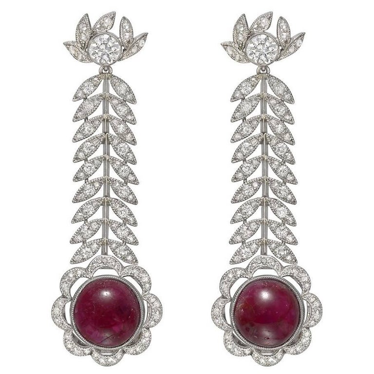 Antique Ruby Diamond Foliate Drop Earrings For Sale at 1stdibs