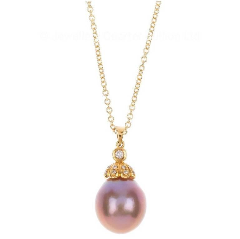 Natural Pink Edison Pearl and Diamond Pendant in 18 Carat Gold