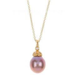 Natural Pink Edison Pearl and Diamond Pendant in 18 Carat Gold