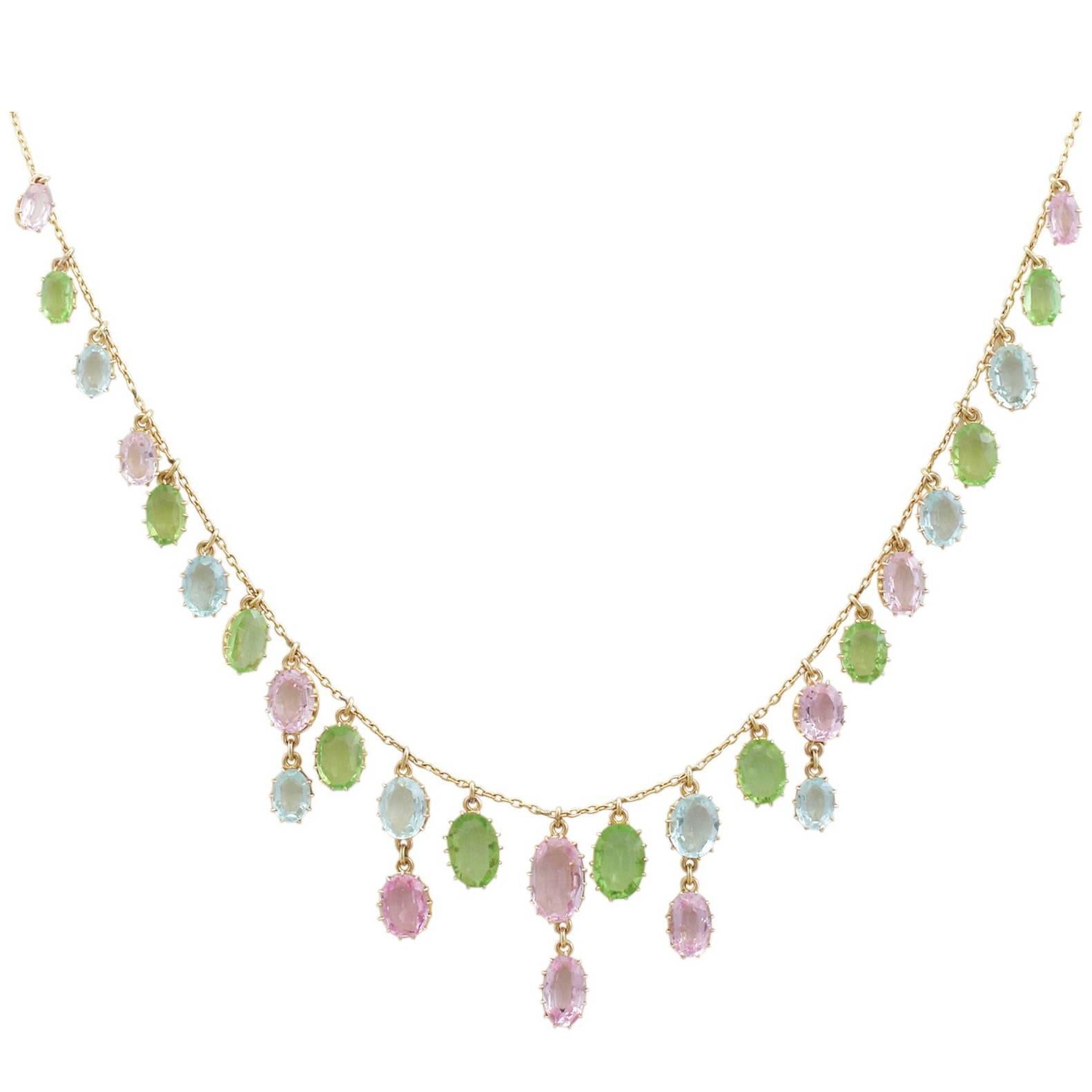 1900s 25.87 Ct Rose Quartz Peridot, Aquamarine and 18k Yellow Gold Necklace