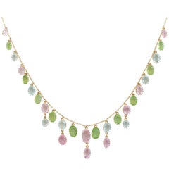 Antique 1900s 25.87 Ct Rose Quartz Peridot, Aquamarine and 18k Yellow Gold Necklace