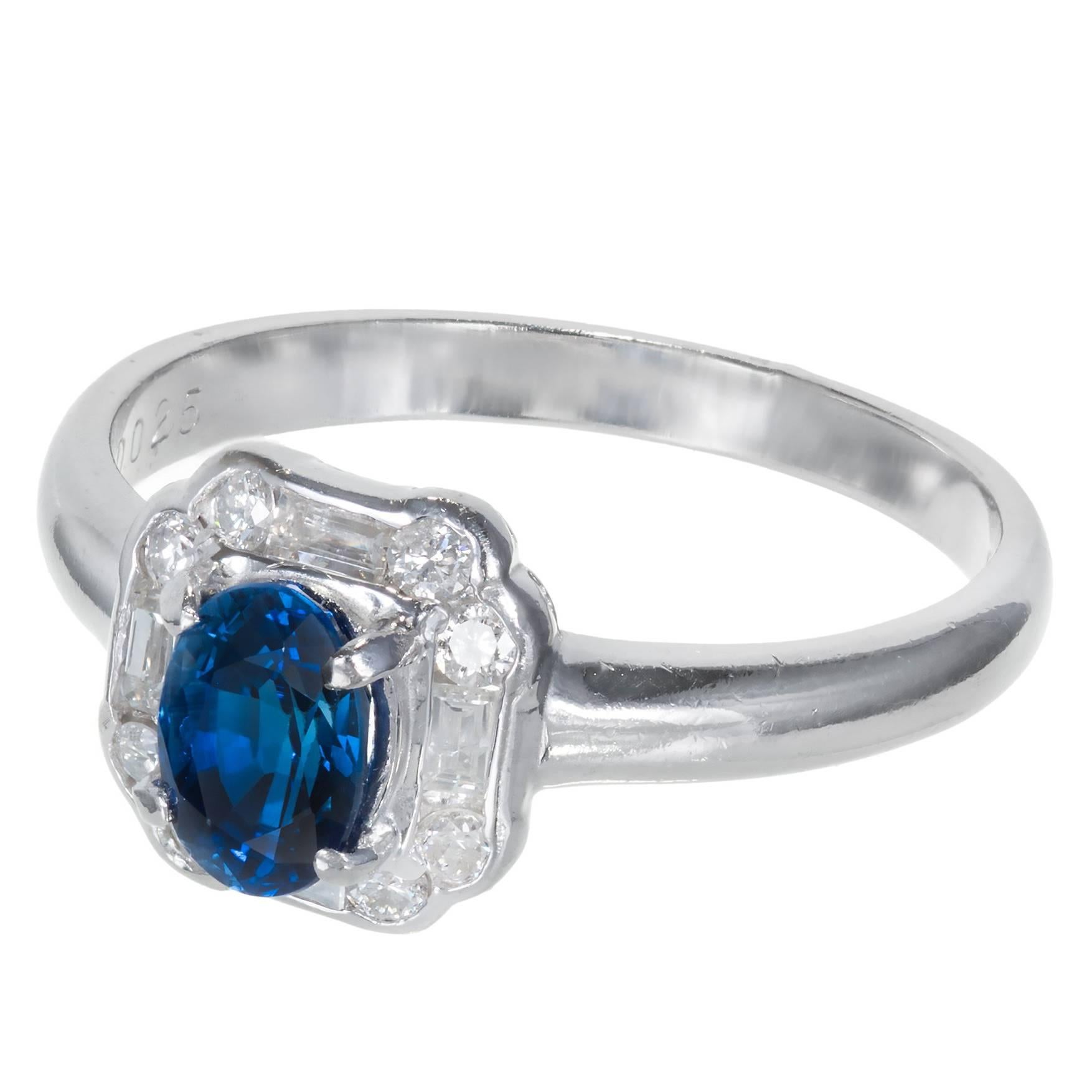 Ceylon .80 Carat Oval Sapphire Round Diamond Platinum Engagement Ring