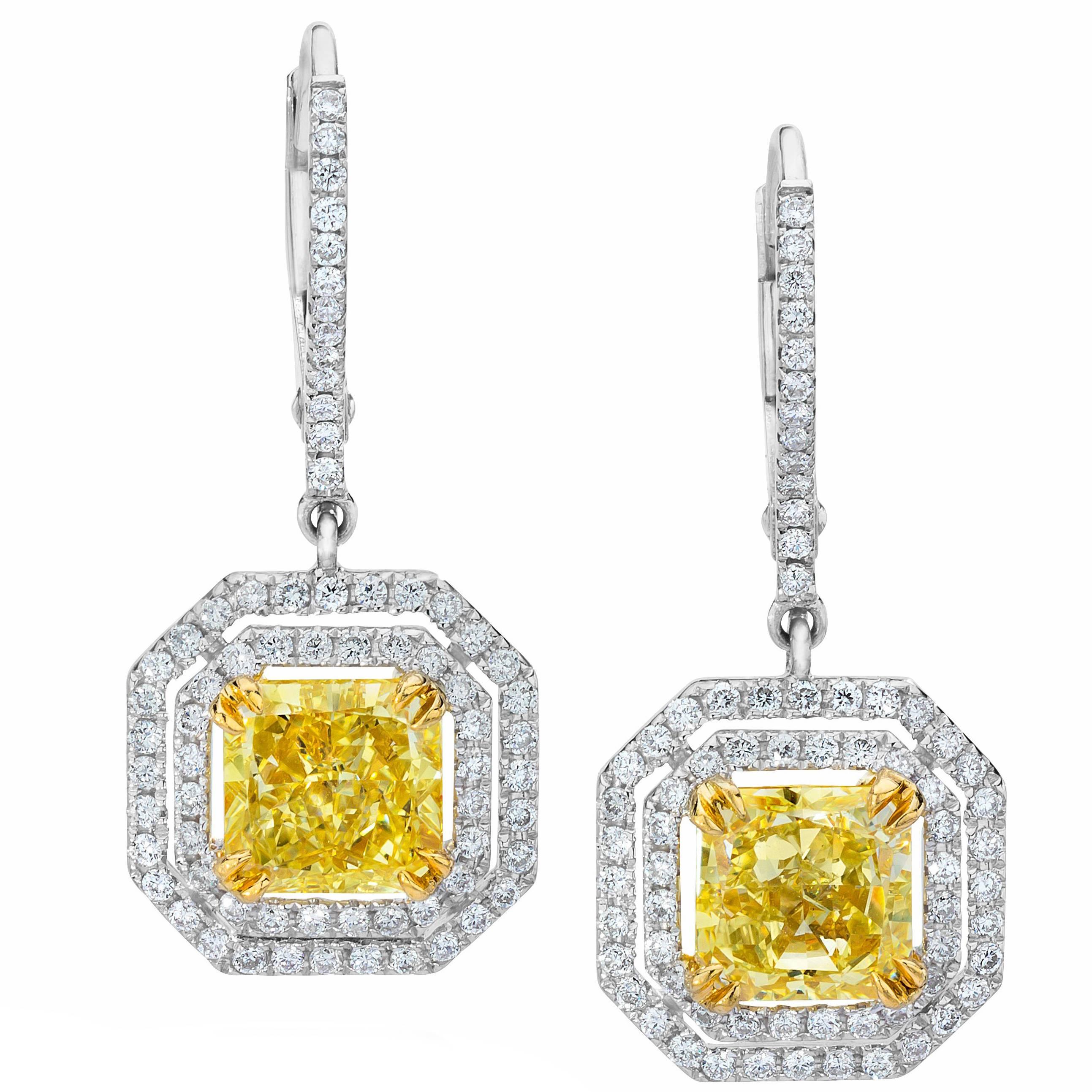 3.00 Carats Total Radiant Cut Yellow Diamond Halo Dangle Earrings For Sale