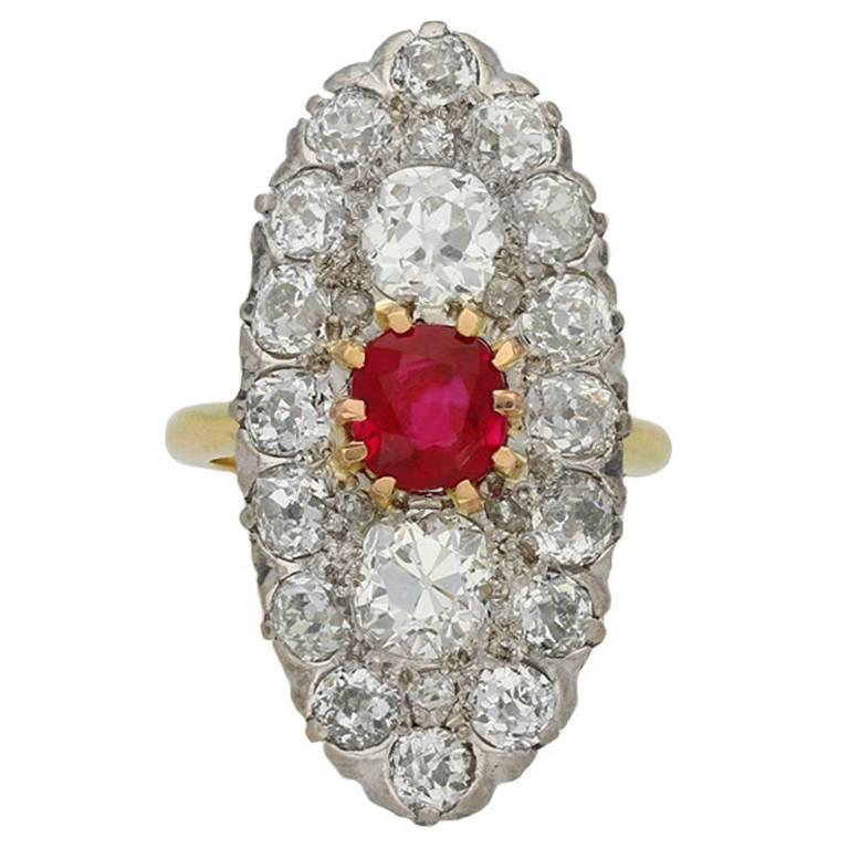 Marquise Shape Ruby and Diamond Cluster Ring, circa 1910 For Sale