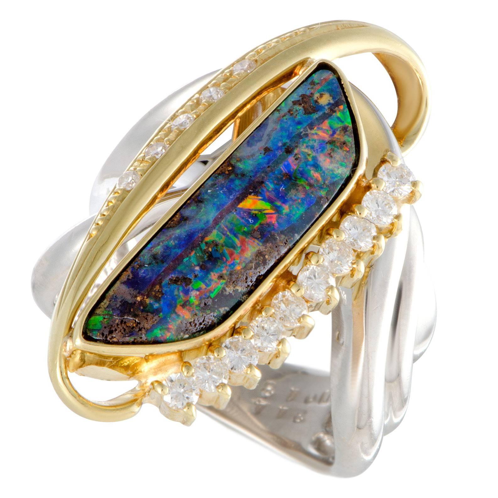 Opal Diamond Platinum and Gold Cocktail Ring