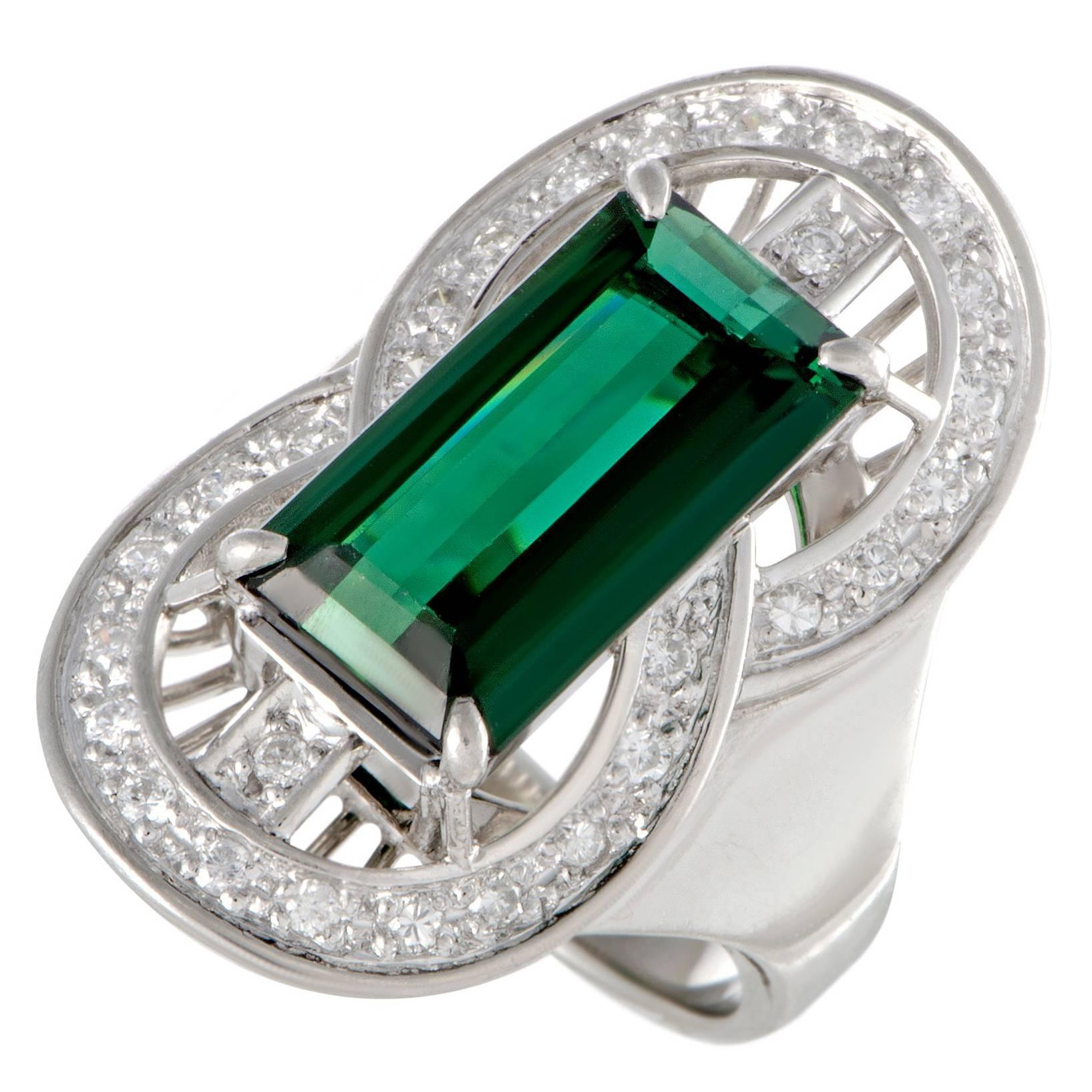 Diamond and Green Tourmaline Platinum Ring