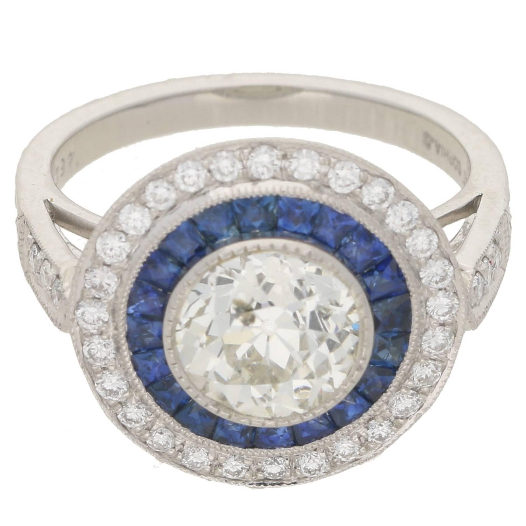 Art Deco Style Diamond Sapphire Target Engagement Ring