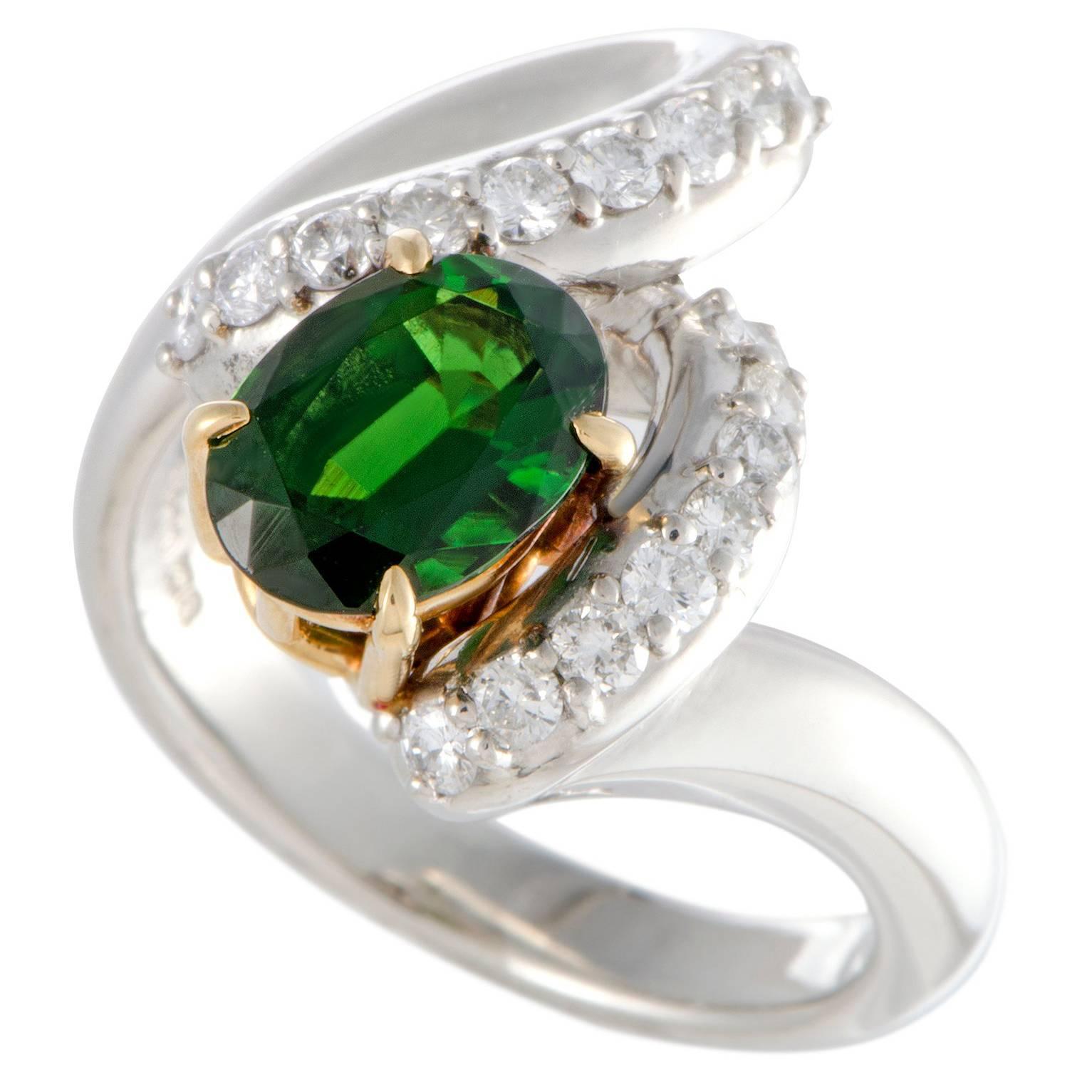 Diamond and Green Tourmaline Spiral Platinum Ring