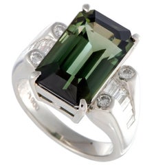 Diamond and Rectangular Green Tourmaline Platinum Ring