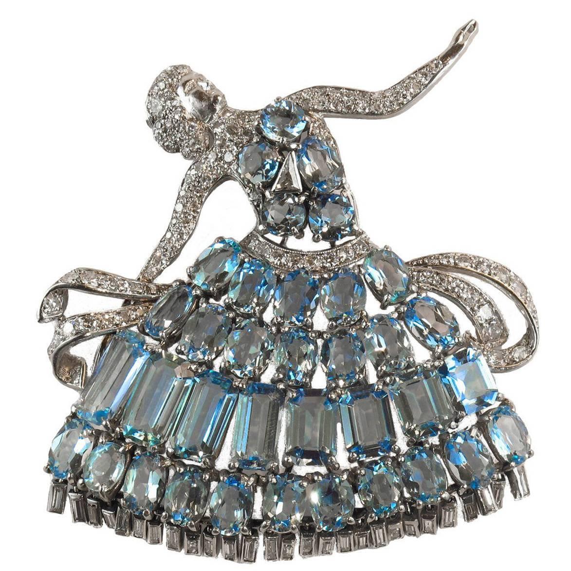 Aquamarine Diamond Platinum Ballerina Dancer Brooch For Sale