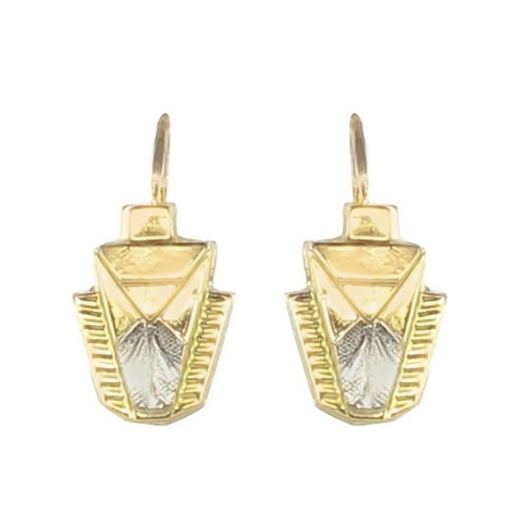 French 1930s Art Deco 18 Karats Yellow and White Gold Drop Earrings