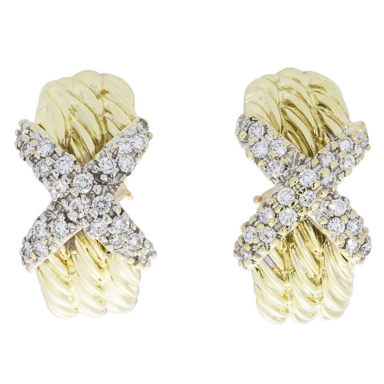 David Yurman 0.72 Carat 14 Karat Yellow Gold Triple Cable X Diamond Earrings