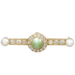 1.55 Ct Chrysoberyl and 1.10 Ct Diamond, Pearl and 18k Yellow Gold Bar Brooch