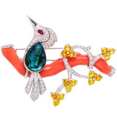 Ella Gafter Love Bird Brooch Pin with Coral Diamonds and Yellow Sapphire