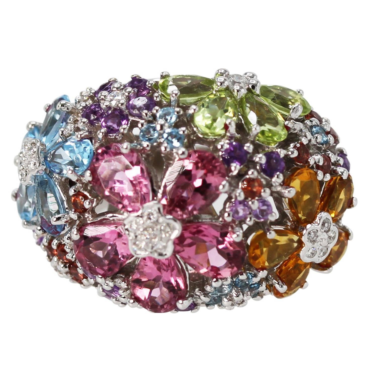 Multi-Colored Gem and Diamond Cocktail Ring For Sale