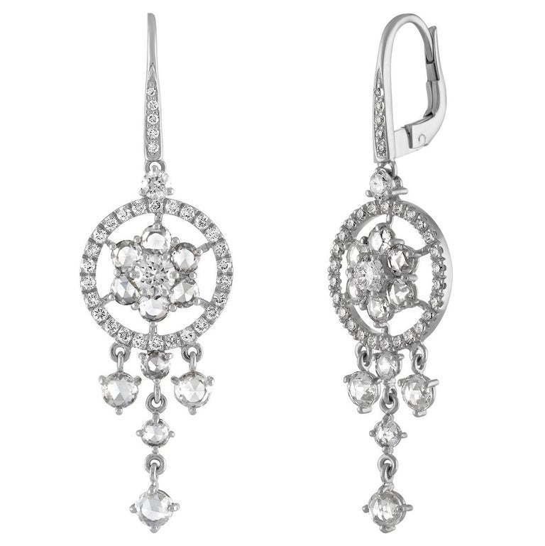 18 Karat White Gold And Diamond Rose Cut Drop Chandelier Earrings 18 Karat White Gold And Diamond Rose Cut Drop Chandelier Earrings For