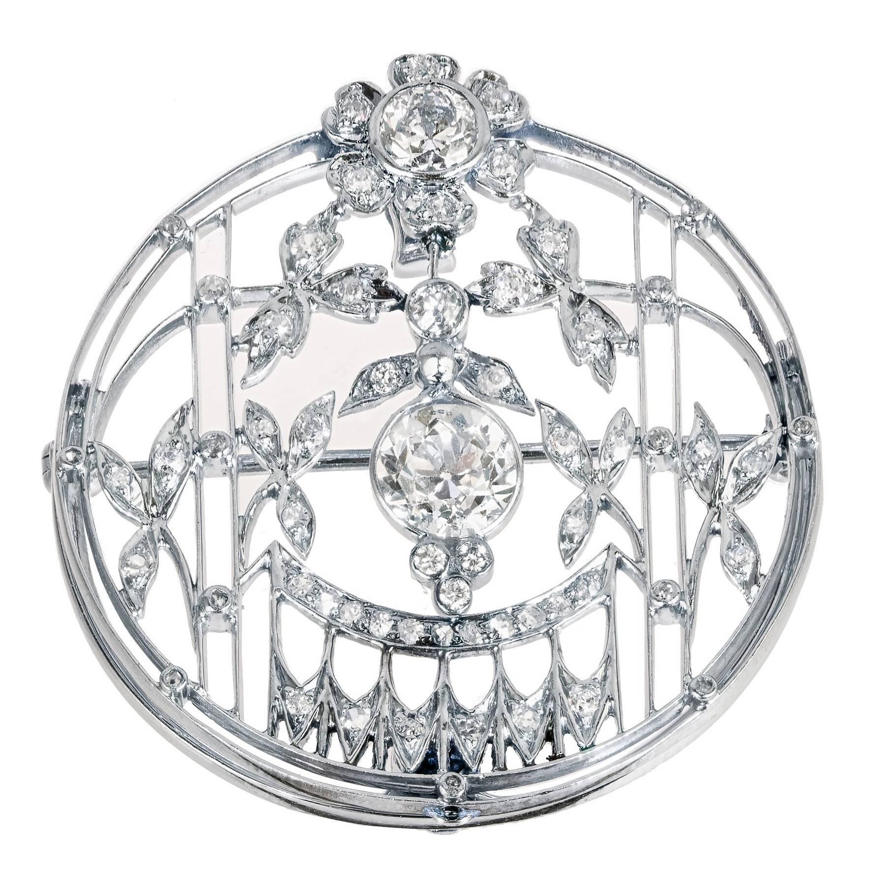 1.23 Carat Art Deco Diamond European Cut Platinum Gold Broche Pendant For Sale