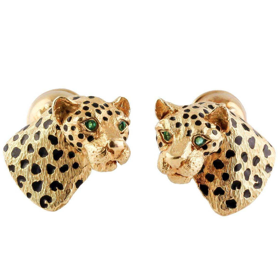 Tiffany & Co. Black Enamel Emerald Gold Leopard Cufflinks