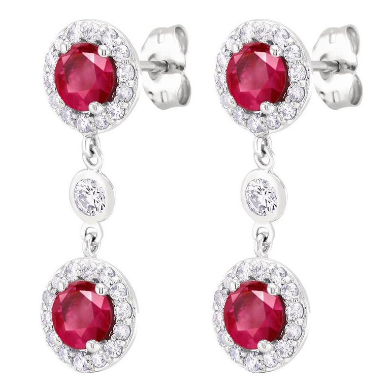 18k White Gold Drop Diamond Earrings With Four Burma Ruby Weighing 18k White Gold Drop Diamond Earrings With Four Burma Ruby Weighing 2 90 Carat For