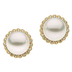 Brown Diamonds White South Sea Pearl Earrings