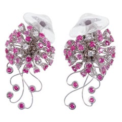 Jellyfish White Diamond Ruby Pink Sapphire Rock Crystal White Gold Drop Earrings