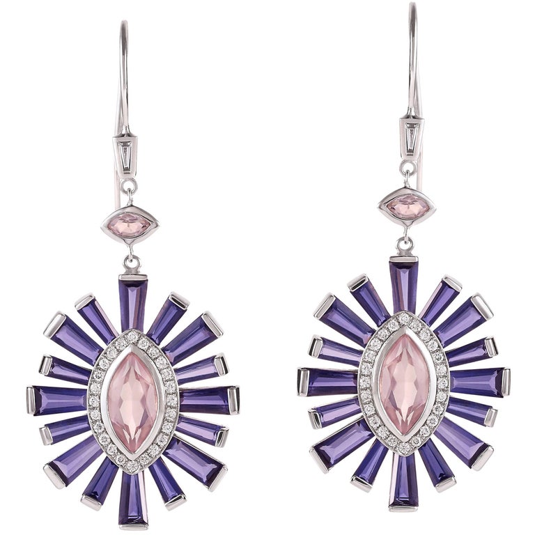 Rose Quartz Diamond And Iolite Earrings In 18 Karat White Gold For Rose Quartz Diamond And Iolite Earrings In 18 Karat White Gold For
