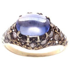 Victorian Ceylon No Heat Cabochon Sapphire Diamond Gold Topped Silver Ring