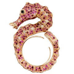 Hippocampus Sea Horse Black White Diamond Pink Sapphire Ruby Gold Ring