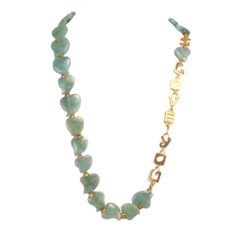 Vintage Aquamarine Hearts Sterling Silver Art Deco "I Love You" Necklace For Sale