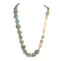 Vintage Aquamarine Hearts Sterling Silver Art Deco "I Love You" Necklace