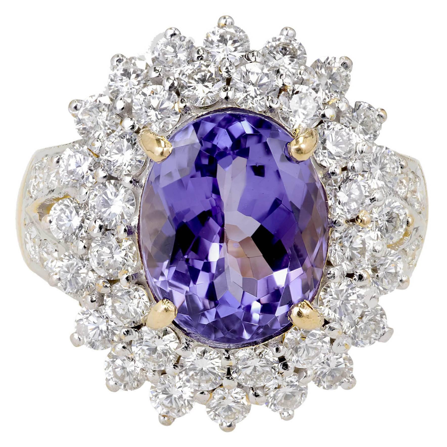 5.17 Carat Oval Purple Blue Tanzanite Diamond Gold Cocktail Ring For Sale