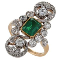 English Edwardian Emerald Diamond Gold Platinum Plaque Ring