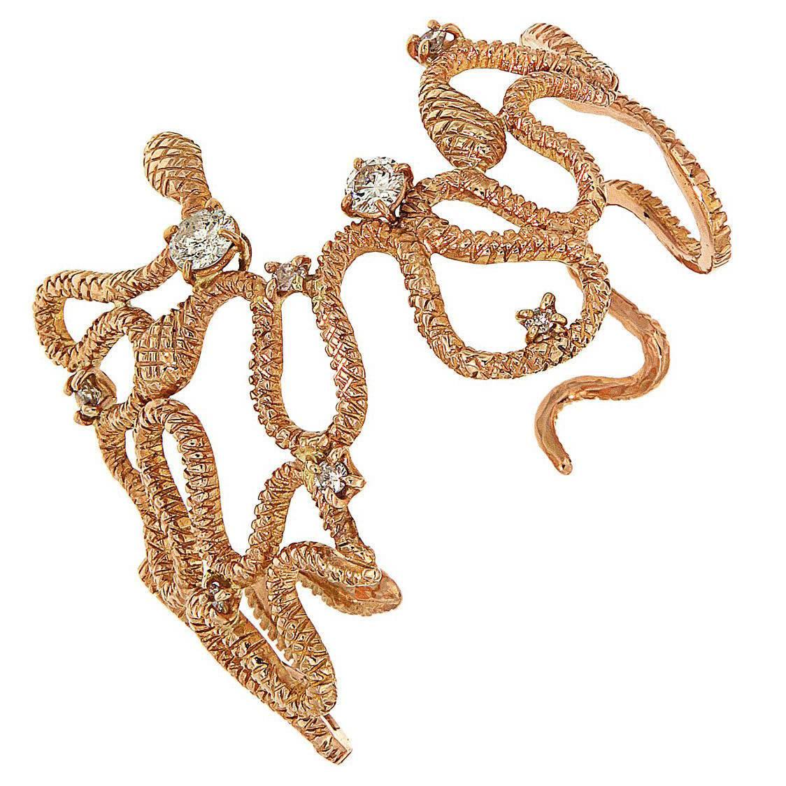 Bracelet manchette serpent en or rose et diamants fabriqué à la main en Italie  en vente
