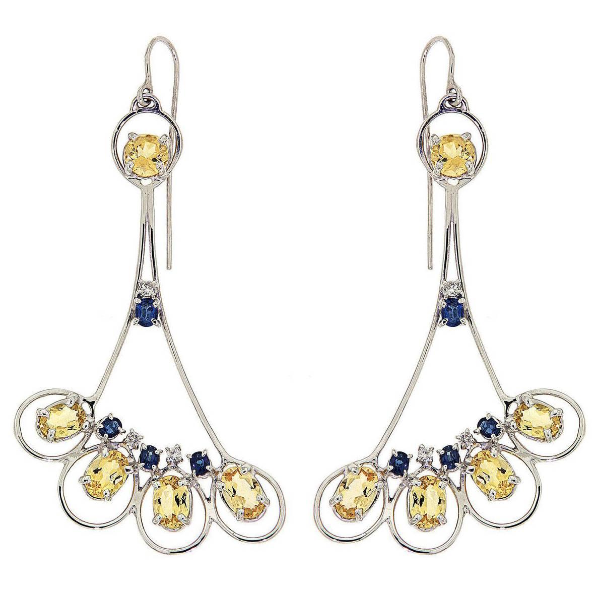 Sapphires Beryls Diamonds 18 Karat White Gold Earrings Handcrafted In Italy