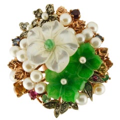 Diamonds Rubies Emeralds Sapphires Green Agate Mother-of-Pearl Gold Silver Ring