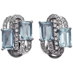 Vintage 7.72 Carat Aquamarine and 1.18 Carat Diamond Gold Earrings 1