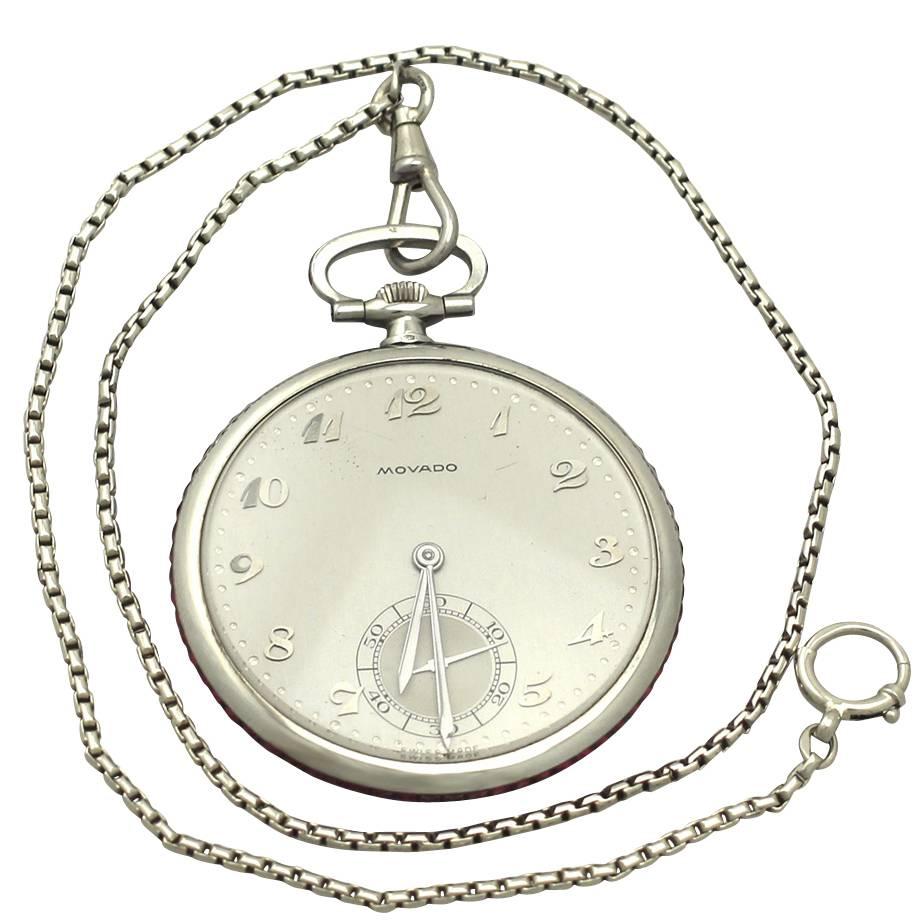 3.95Ct Ruby and 18k White Gold Movado Pocket Watch - Antique Circa 1920