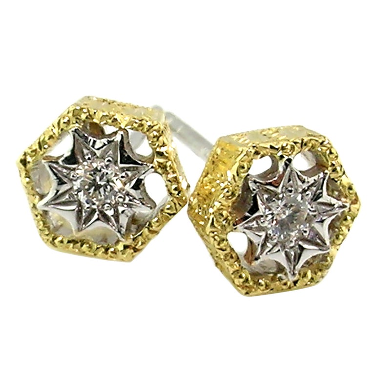 Diamond And 18kt Engraved Honeycomb Stud Earrings Handmade In Italy Diamond And 18kt Engraved Honeycomb Stud Earrings Handmade In Italy For