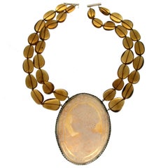 Cameo Silver Amber Beans Pendant Necklace