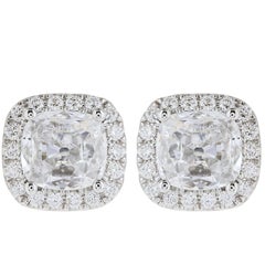 Platinum 1.64 Carat Cushion Cut Diamond Stud Halo Earrings